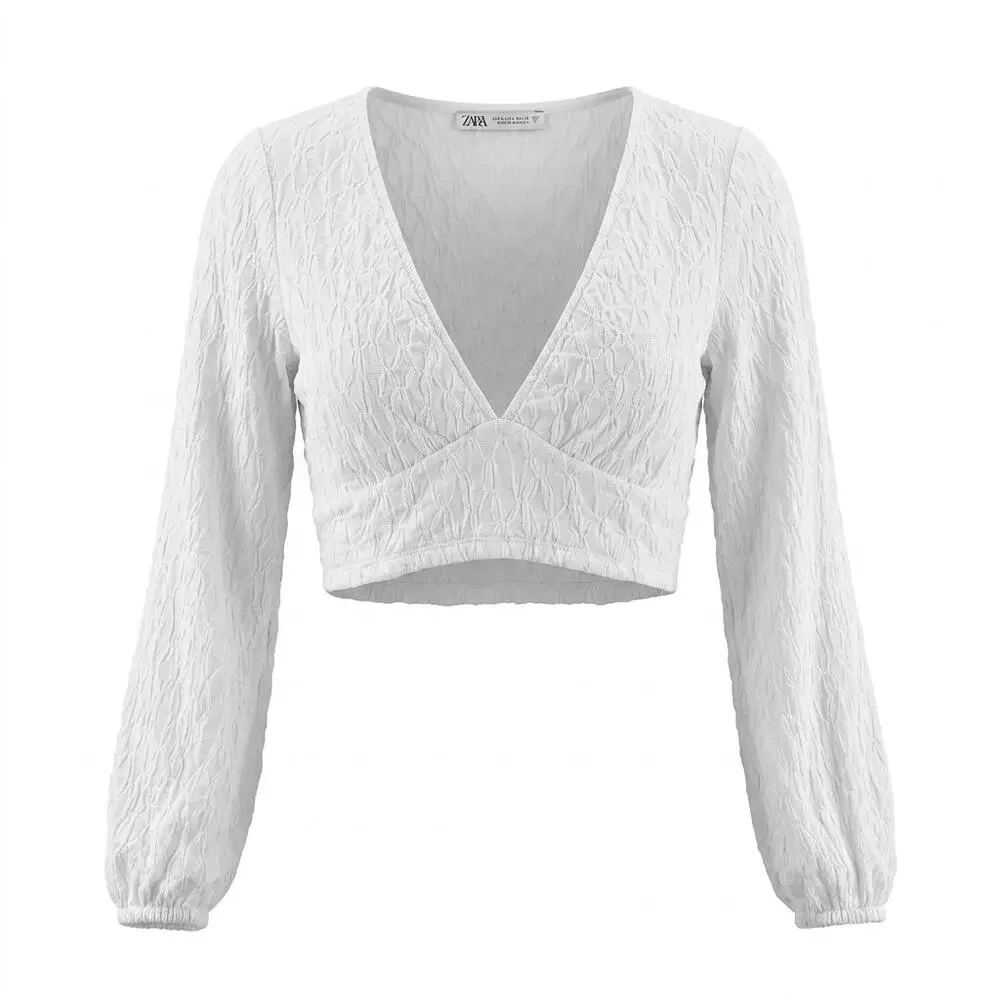 Zara White Smocked V-Neck Knit Lightweight Blouse Women Size S